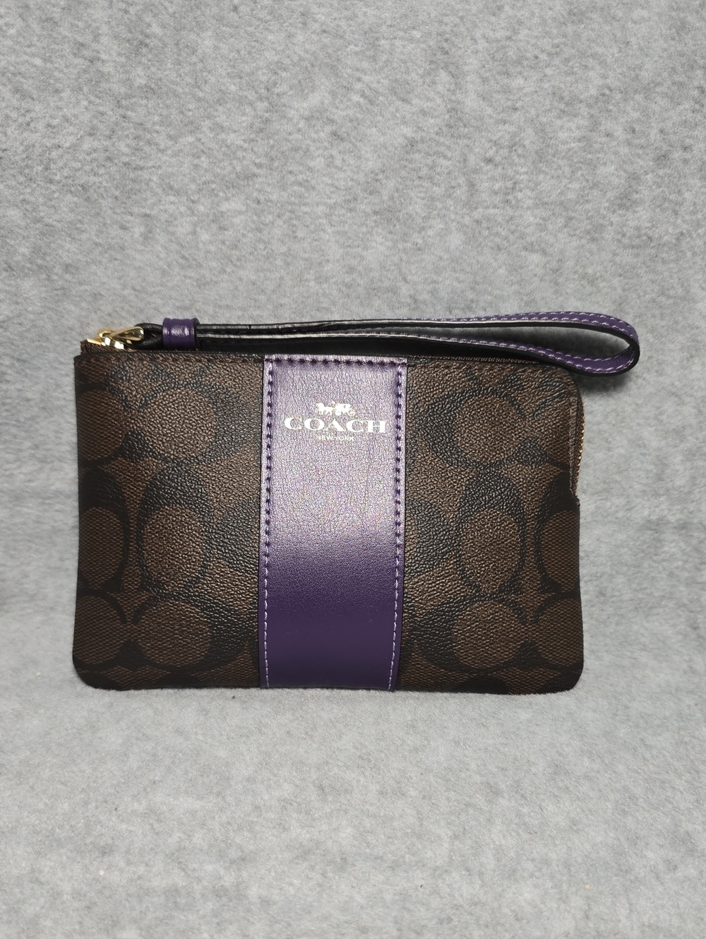 Coach Brown Signature Coated Canvas Wristlet with Purple Leather Center Stripe